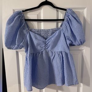 SHEIN Blue Checkered Puff Sleeve Blouse